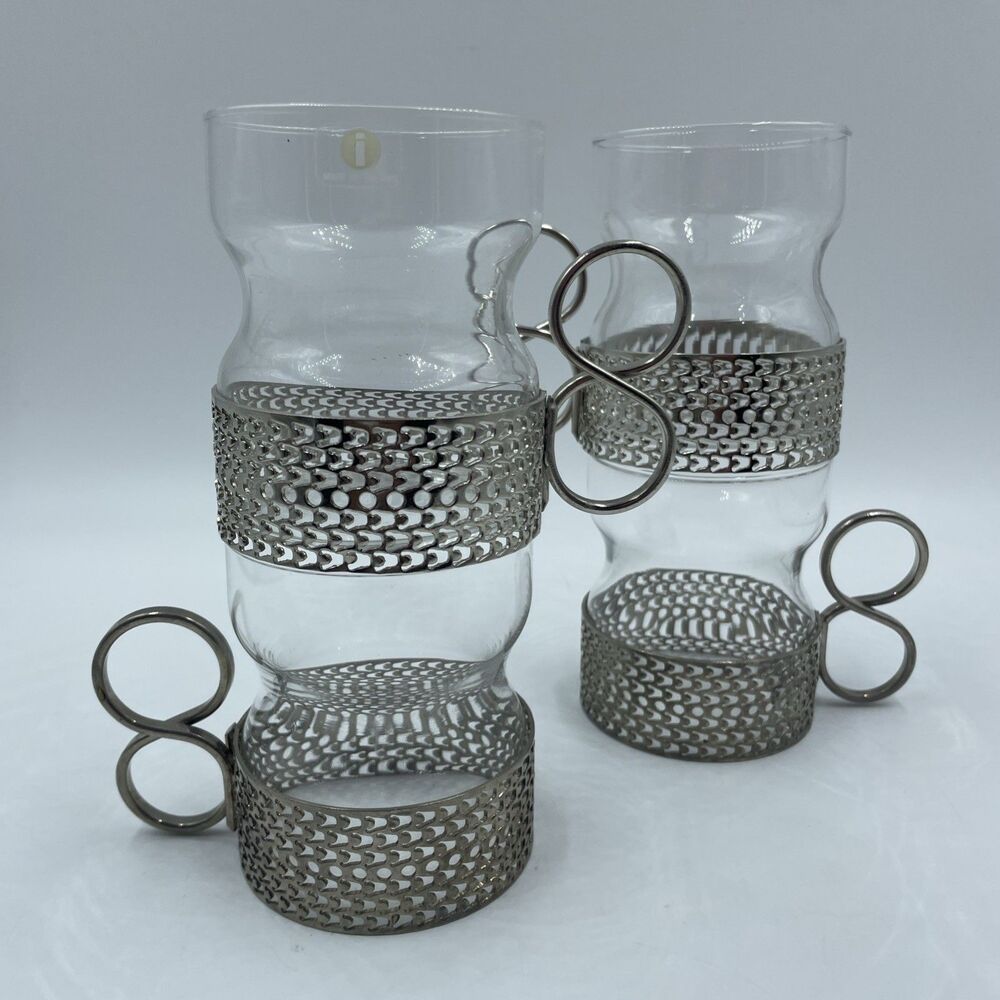 Set of FOUR Iittala Finland Tsaikka Glass w/ Metal Holder ~ Timo Sarpaneva